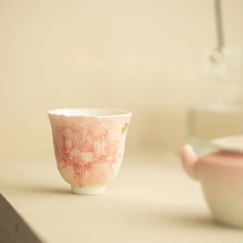 Hand‑painted Peony White Rock Mineral Ceramic Master Cup Exquisite Gradient Kung Fu Tasting Bowl Practical Tea Ware