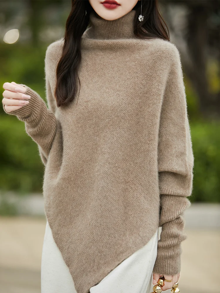 100% lã merino camisola feminina gola alta pulôver bainha irregular malhas casual feminino roupas superiores outono inverno moda manto