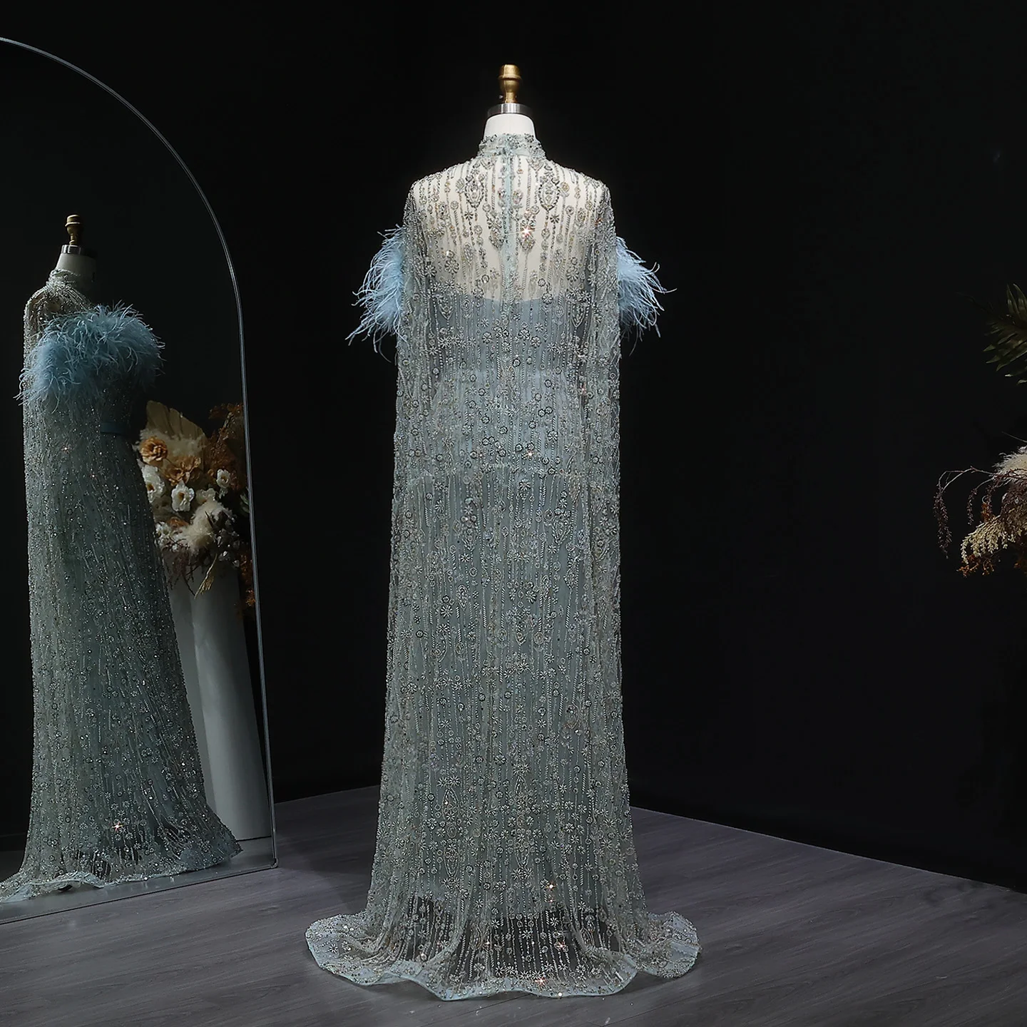 Sharon Said Hoge Hals Kristallen Veren Avondjurk met Cape Lichtblauw Abaya Vrouwen Bruiloft Jurken SS665 Aangepaste