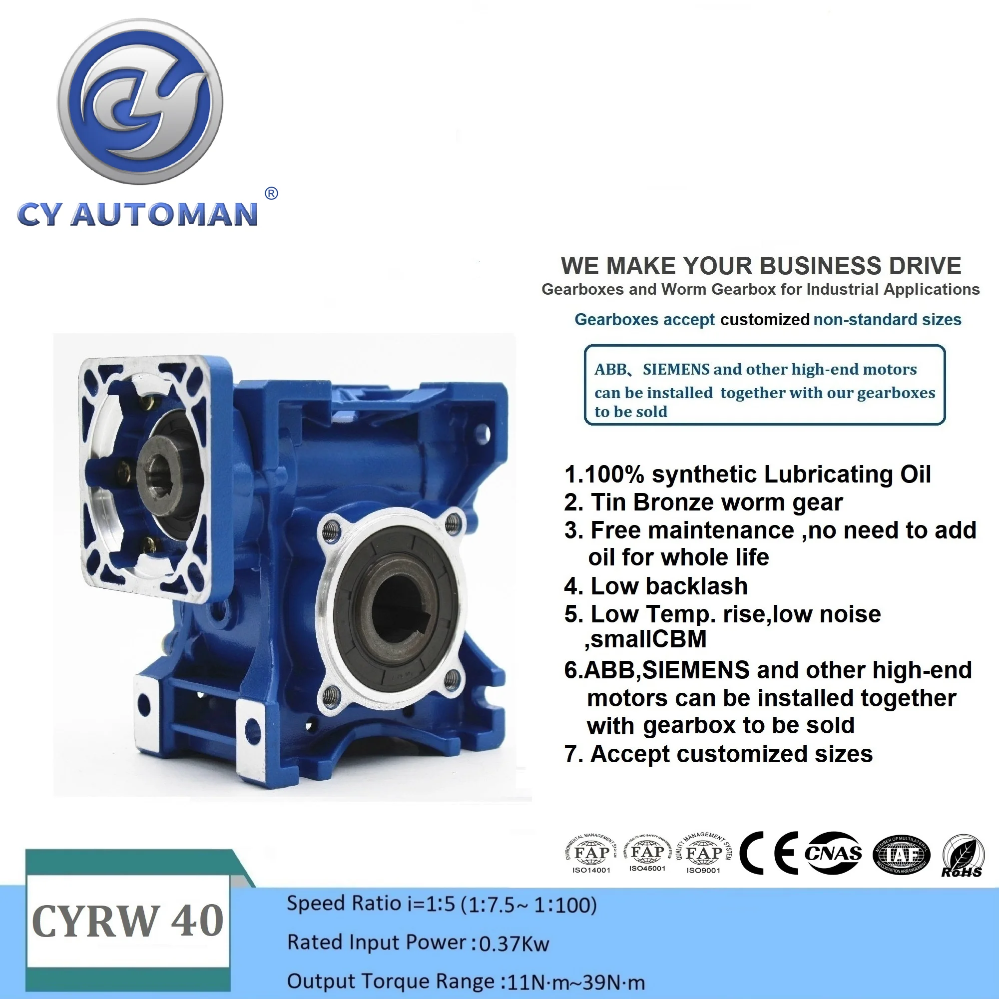 

CYAutoman Worm Gearbox Reducer NMRW40 Line Boring Gear CYRW 40 Input 14/11 Output 18mm Ratio 5:1/100:1 Suppliers Square Flange