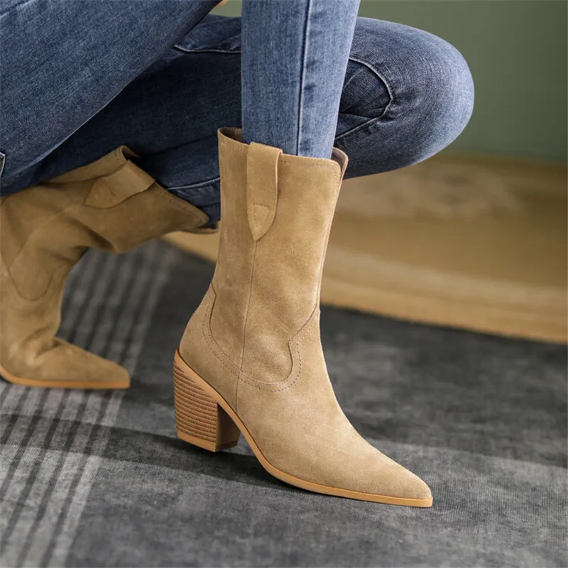 2022 New Autumn/winter Women's Boots Pointed Toe Chunky Heel Short Boots Cow Suede Western Boots Shoes for Women High Heels