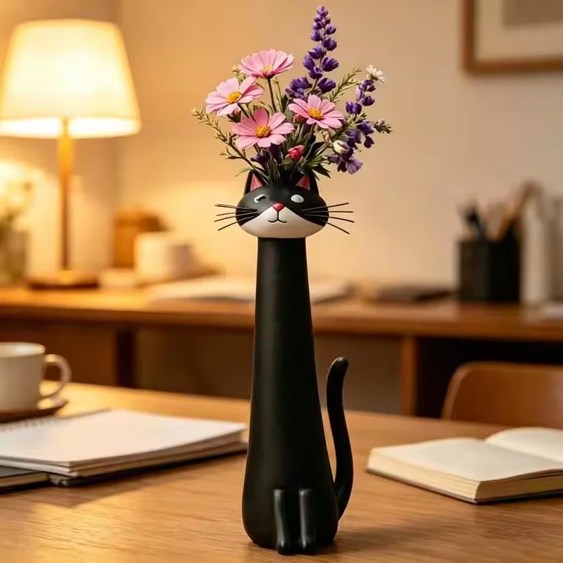 2pcs Cat Shaped Resin Vase Cute Long Necked Cat Flower Arrangement Ornament Home Desktop Floral Decoration Great Gift