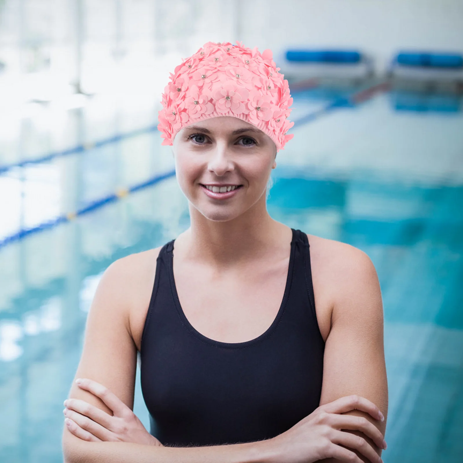 

Floral Swim Cap Women Waterproof Stretchy Fabric Swimming Hat for Long Hair Braids Dreadlocks Lightweight Comfortable