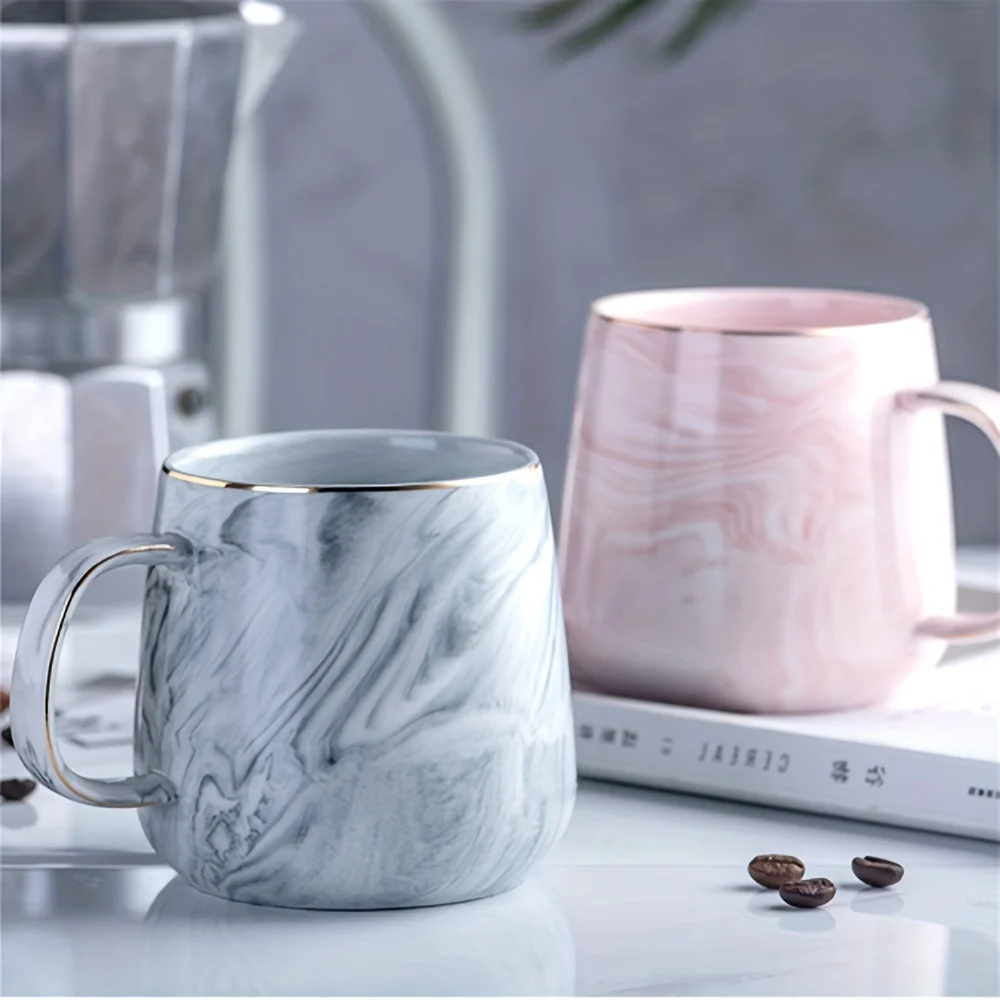 12oz Marmor-Keramik-Kaffeebecher mit Goldrand, Rosa/Graue Marmor-Textur, Mikrowellen- und Spülmaschinenfeste Kaffeetasse für Büro, Zuhause