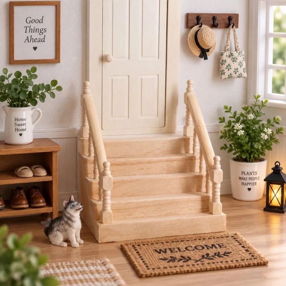Wooden Dollhouse Miniature Staircase Delicate Realistic Mini Furniture Stair Collectible Plain Dollhouse Stairs Life Scene