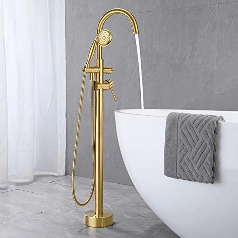 Floor Mounted Brushed Gold Brass Tub Filler Faucet with Hand Shower 360 Swivel Spout Stable Base Design Telephone Style Hand