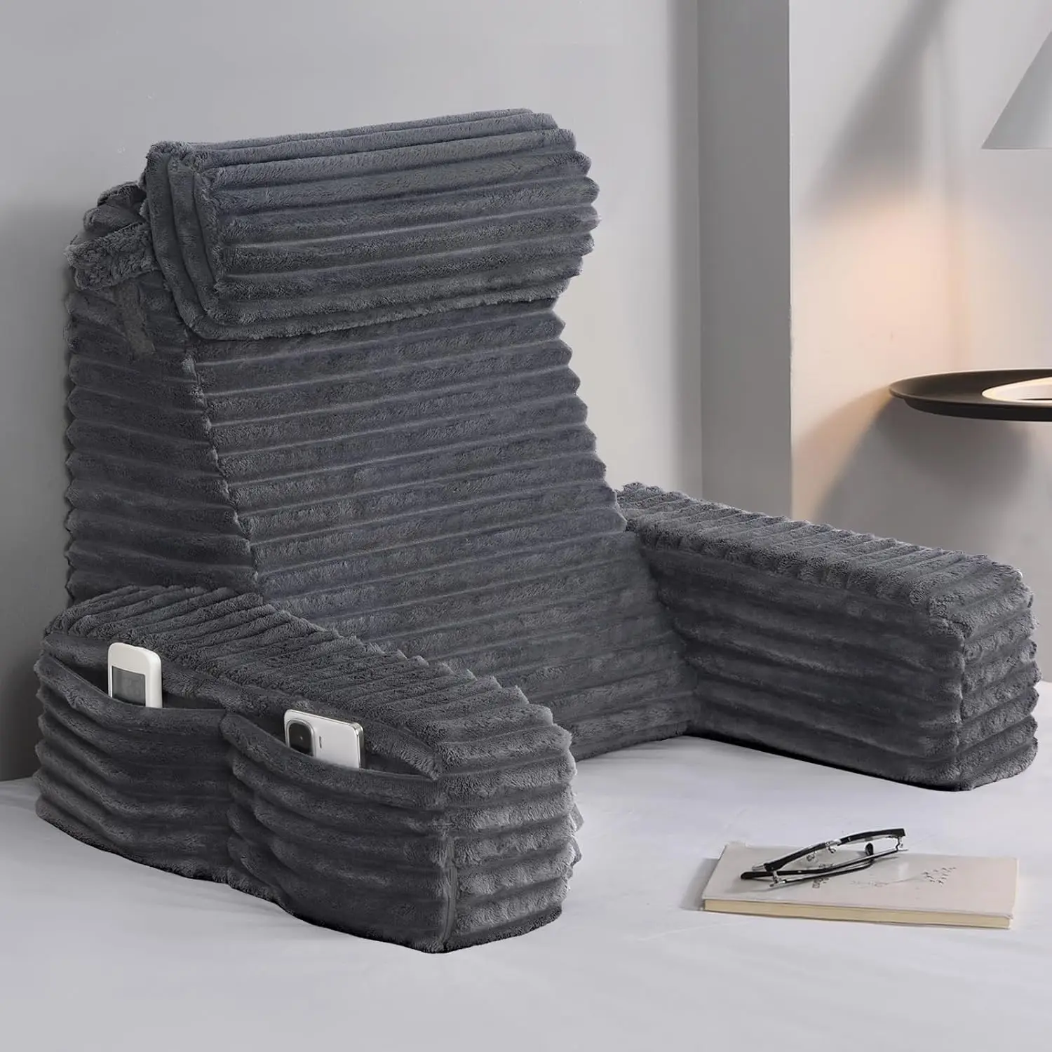 Bed Rest Reading Pillow with Armrests & Storage Pockets, Striped Plush Back Support Cushion for Bed Sofa Soft Backrest Cushion
