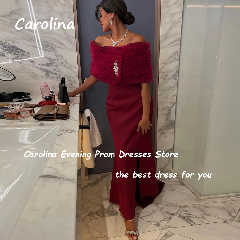 Carolina Wine Red Off The Shoulder Mermaid 2024 Slim Satin Half Sleeve Ocassion Gown Floor-Length Formal Evening Dress