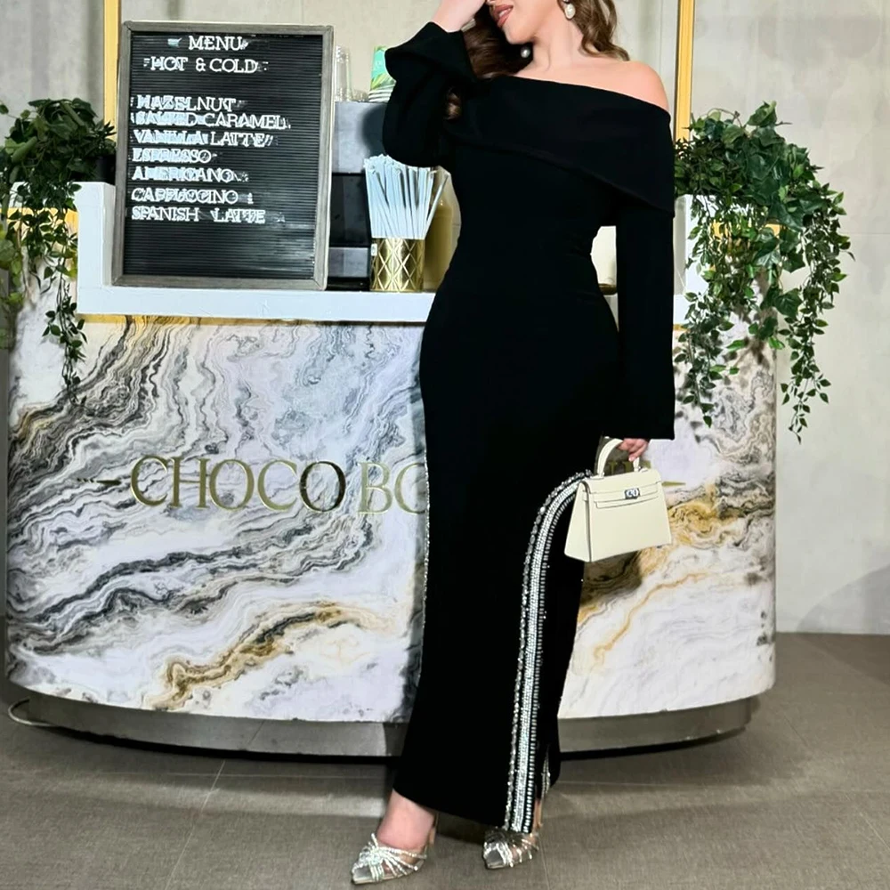 

Customized Exquisite Side Slit Off the Shoulder Boat Neck Jersey Long Sleeves Crystal Evening Dress Modern Robe de soirée