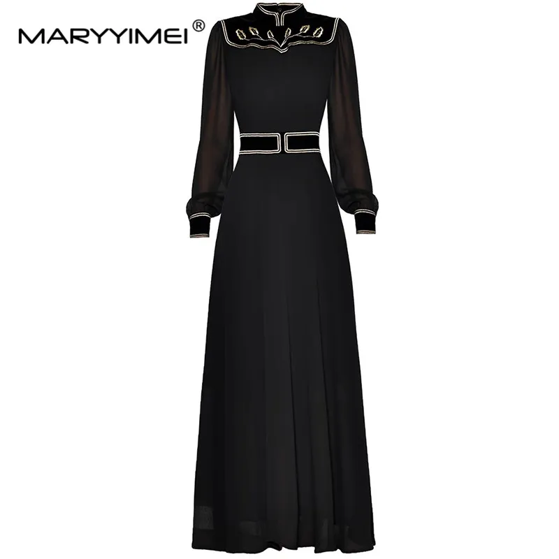 

MARYYIMEI Fashion Women's Stand Collar Gold Thread Positioning Embroidery Lantern Sleeve Flowing Big Swing Vintage Long Dress