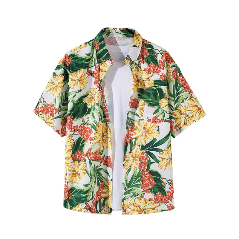 Men's Summer Seaside Vacation Short Sleeve Flower Shirt Handsome Hawaiian Travel Retro Loose Casual Beach Floral Shirt Coat