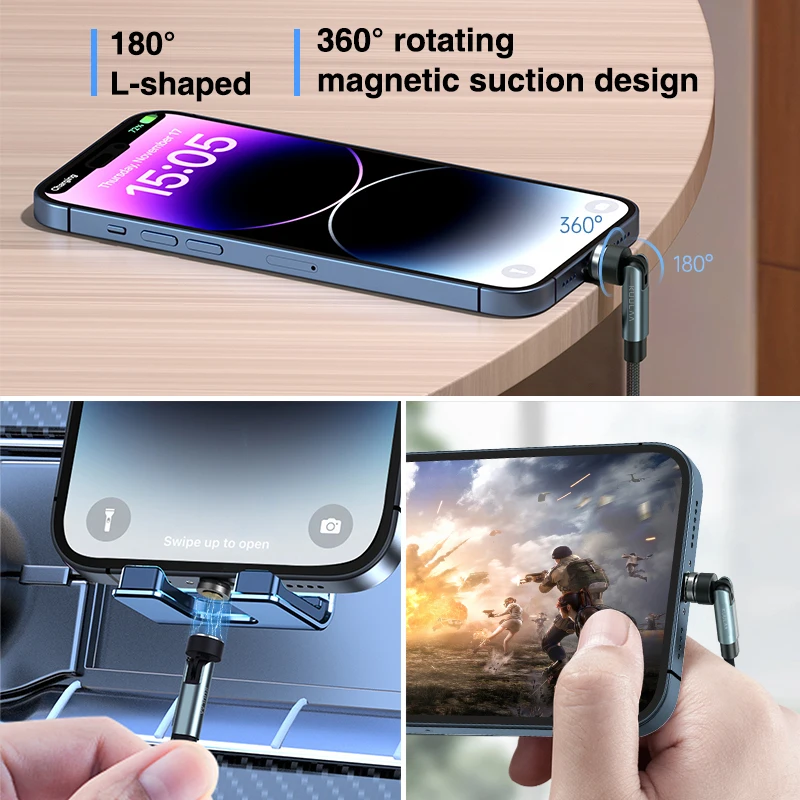 KUULAA 3 in 1 Magnetic Cable 540° Rotate Fast Charging Magnet Charger Micro USB Type C Cable Mobile Phone Cord For iPhone Xiaomi