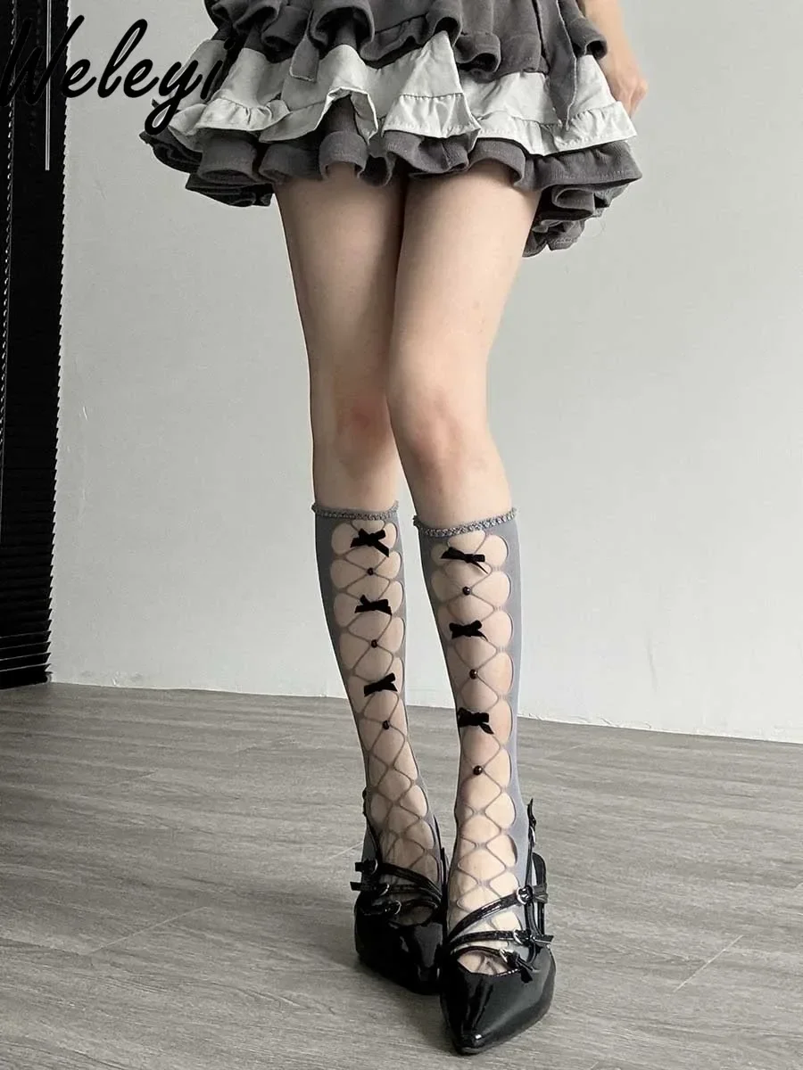 Sexy Sweet Bow Hollow Black Tube Socks Jirai Kei Japanese Women's Summer Y2k Lolita Ripped White Calf Stockings Two Wear 2024