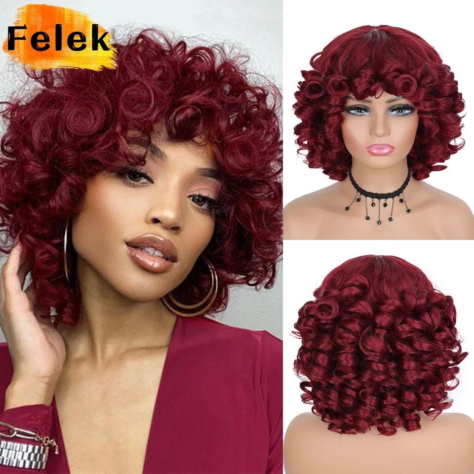 Synthetic Pink Cosplay Wig With Bangs For Black Women Short Hair Afro Kinky Highlight Wigs Ombre Blonde Blue Red Brown Grey Wigs