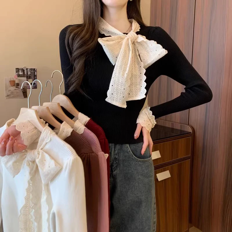 Autumn French Lace Spliced Bow Collar Long Sleeve Slim Knitted Sweater For Women