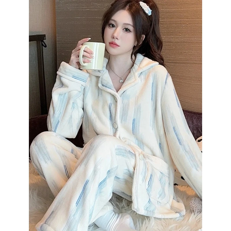 

Осенне-зимние утепленные пижамы из кораллового флиса, женский фланелевой комплект домашней одежды, милый кардиган с длинными рукавами на флисовой подкладке, большие размеры