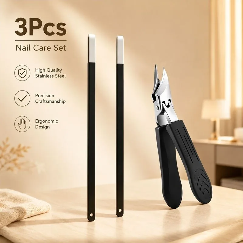 3Pcs Stainless Steel Manicure Pedicure Set Toenail Clippers Kit with Nail File and Cuticle Pusher for Thick Nails Foot Care