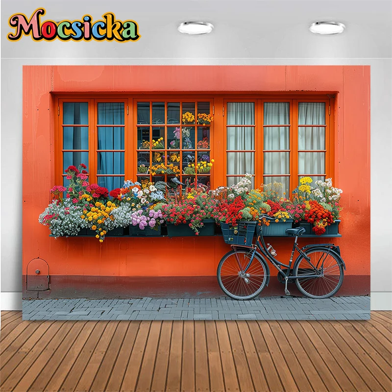 Mocsicka الربيع زهرة خلفية البرتقال الفن جدار دراجة زينة امرأة الزفاف ملابس للحمل التقطت الصور خلفية الاستوديو