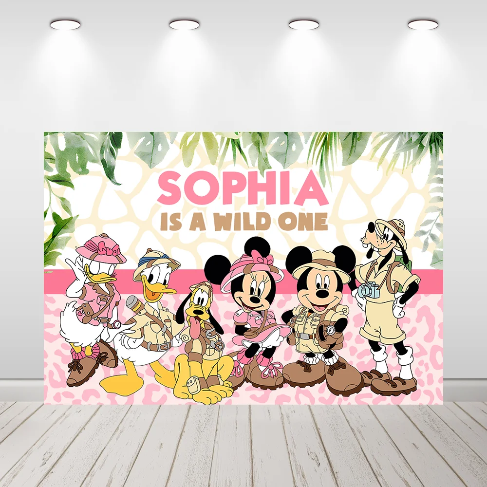 Wild One Birthday Banner Party Decoration for Girl Cartoon Safari Minnie Mickey Baby Shower Photography Backdrop Background