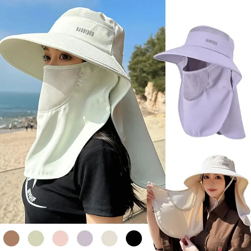 

Summer Women Large Brim UV Protection Fisherman Hat with Leaking Ponytail Waterproof Bucket Hat Outdoor Breathable Sunscreen Cap