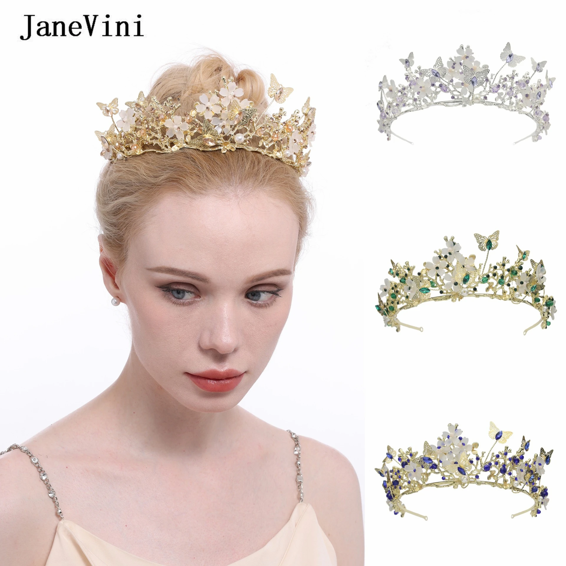 JaneVini Roses Gold Butterfly Crystal Bridal Tiaras and Crowns Wedding Party Pearls Diadems Fashion Jewelry Hair Accessories New