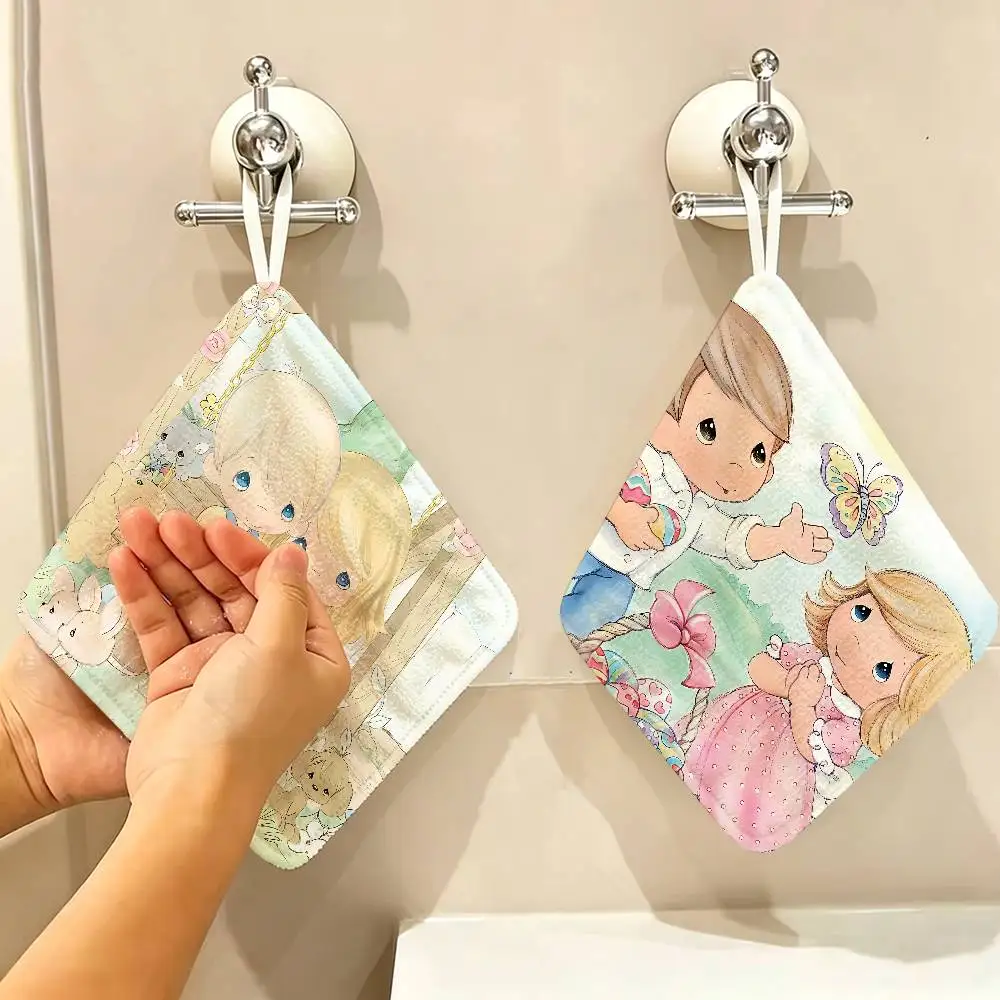 Precious Moments Cute Polyester Cotton Hand Wiping Towel, Hanging Design, Durable for Household Restaurant Toilet Use