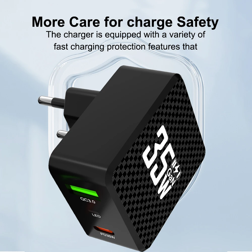 2 Ports Mini 35W GaN USB Typ C Ladegerät QC3.0 Tragbares Schnellladen für iPhone 14 Pro Xiaomi 13 Samsung KR/EU/US/UK Stecker – Detail 3