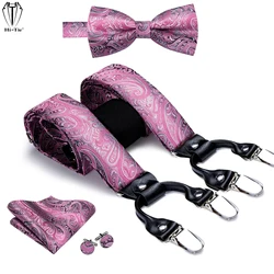 Luxury 100% Silk Mens Suspenders Set 6 Clips Vintage Braces for Men Pink Purple Paisley Flower Suspender Bow Tie Hanky Cufflinks