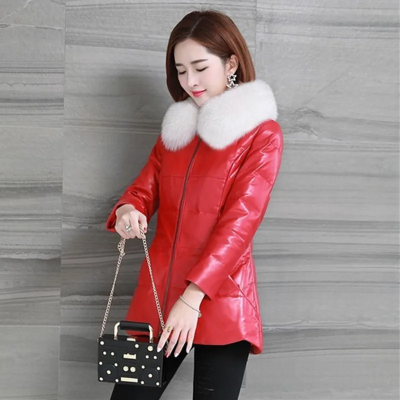 Winter PU Leather Jacket Women's Fashion Fur Collar Zipper Wash Free Faux Leather Padded Coat Female Mid-Aged moMr Outerwear 537