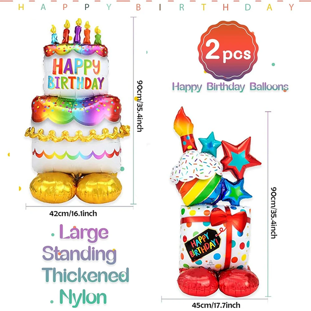 2Pcs Cake and Gift Box Shape Large Standing Happy Birthday Thicken Foil Mylar Balloons for Girls Boys Birthday Party Decrations