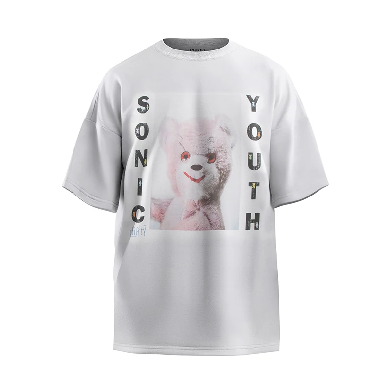 Purey American Style Pink Rock Sonic Youth High Quality Short Sleeve Little Bear Cartoon Print Fashion Men Oversized T Shirt