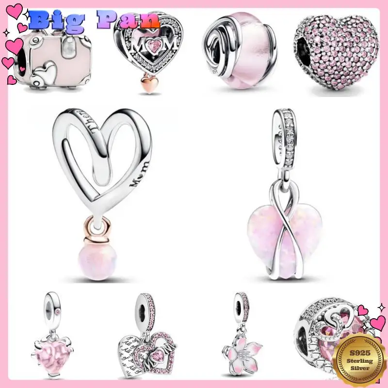 

2025 New Pink Series Flower Heart Bag Mom Diy Bead Fit European Bracelet S925 Sterling Silver Jewelry Accessories