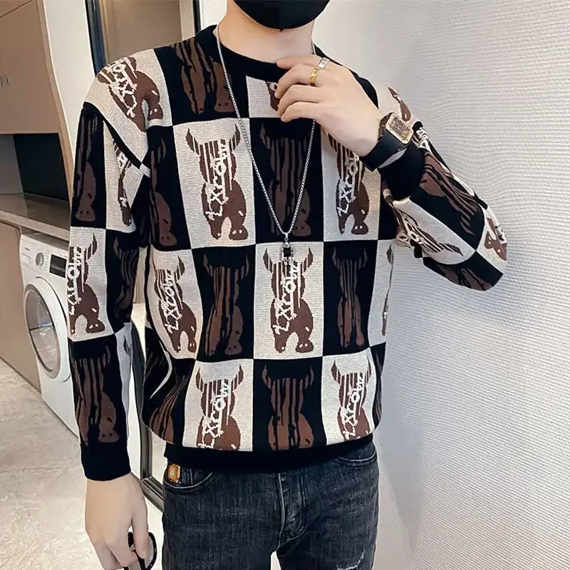 Novo outono e inverno masculino dos desenhos animados camisola solta moda tendência em torno do pescoço manga longa pulôver