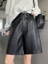 Fashion Elastic Waist PU Bermuda Shorts Women Black Pants Loose Casual Faux Leather Shorts Y2K Harajuku Wide Leg Half Shorts