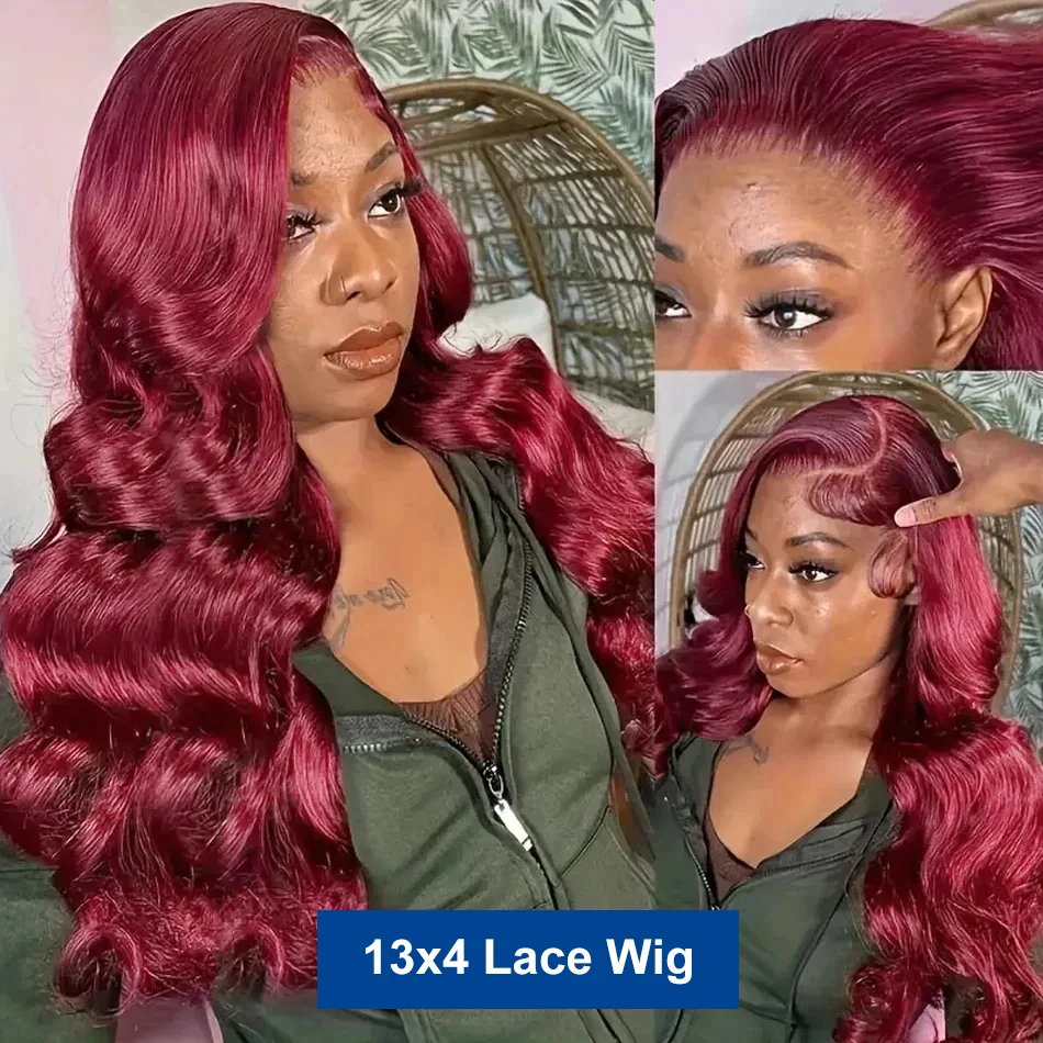 Perruque Lace Front Wig Body Wave Brésilienne Naturelle, Cheveux Humains Colorés, Rouge Bordeaux 99J, 13x4 HD, Densité 220%