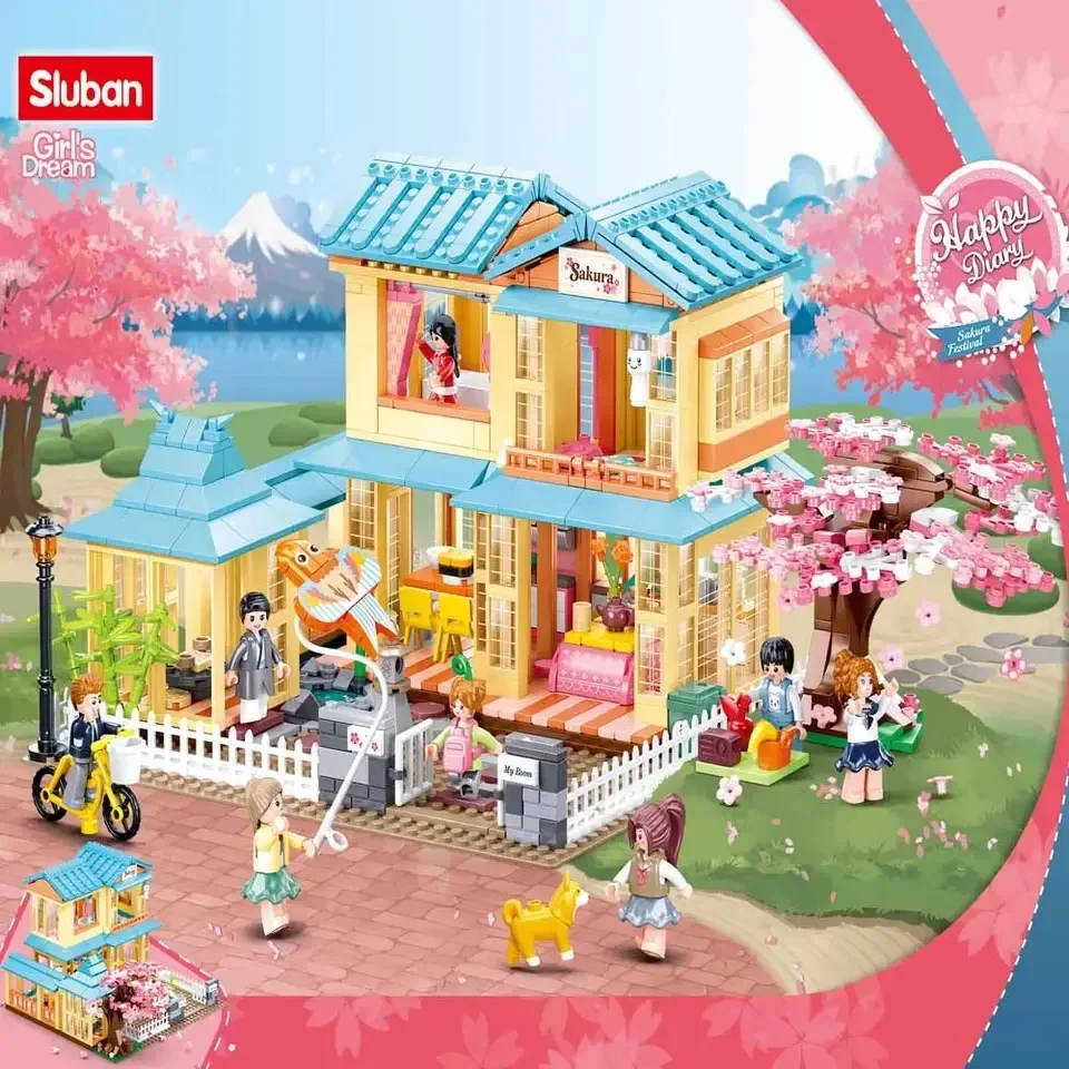 1029PCS blocchi di costruzione della casa in stile giapponese Cherry Tree House City Streetview Model Bricks decorazione del Desktop regalo giocattolo fai da te per bambini