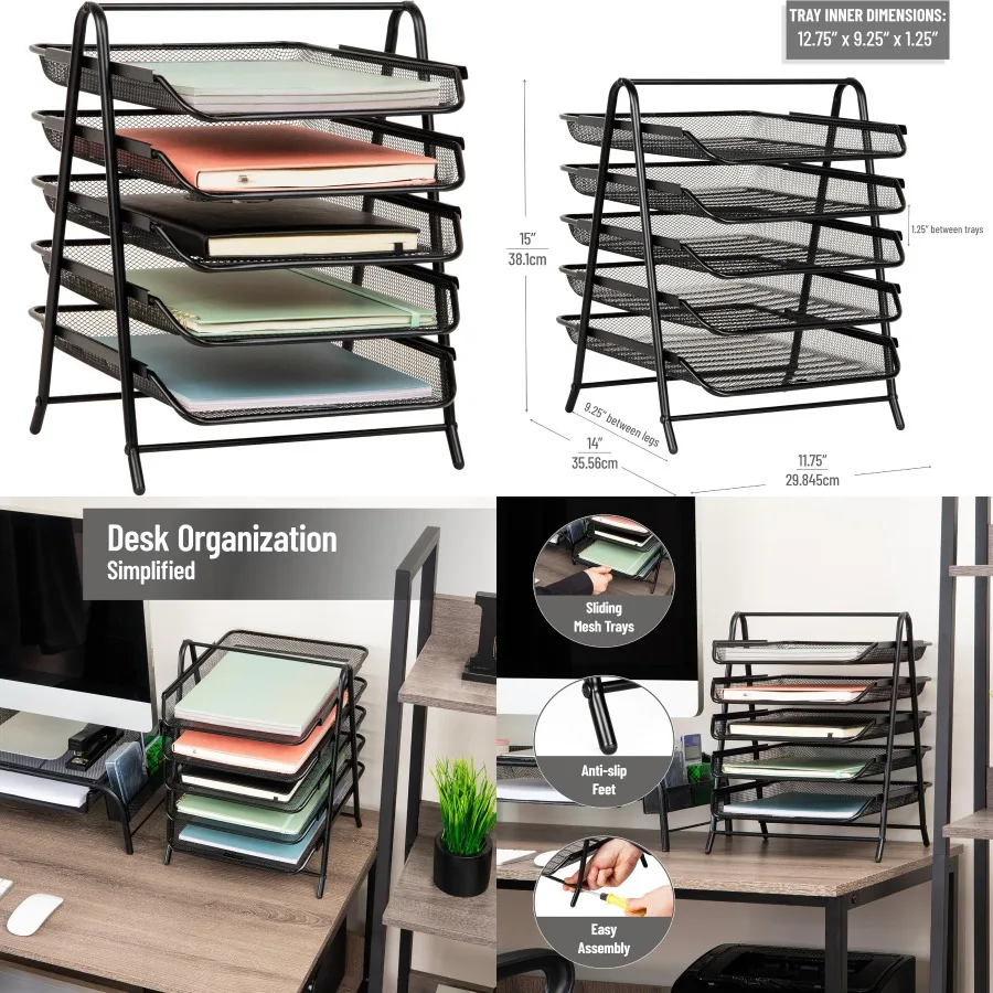منظم صينية ورق عمودي مكون من 5 طبقات مع تصميم شبكي معدني لتخزين ملفات سطح المكتب الفعالة في بيئات المكتب زعنفة سوداء #1