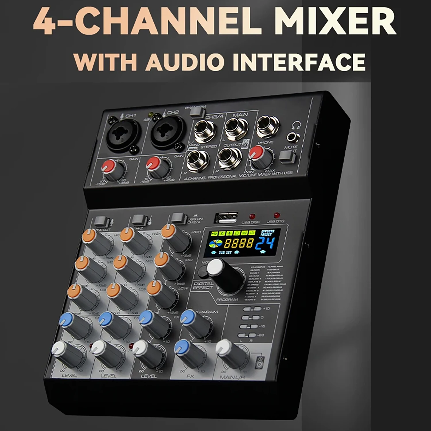 

GAX-MQ4 Multi-function 4-channel DJ Mixer with Audio Interface 24DSP BT USB for Outdoor Live Broadcast