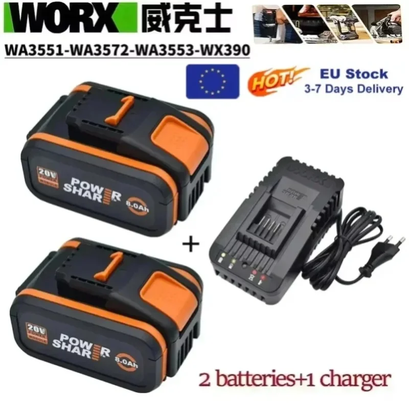 Worx Originele 20V 8.0Ah Lithium Batterij Oplaadbaar WA3553 WA3551 WA3553.1 WA3570 voor alle WORX Elektrische en Tuingereedschappen