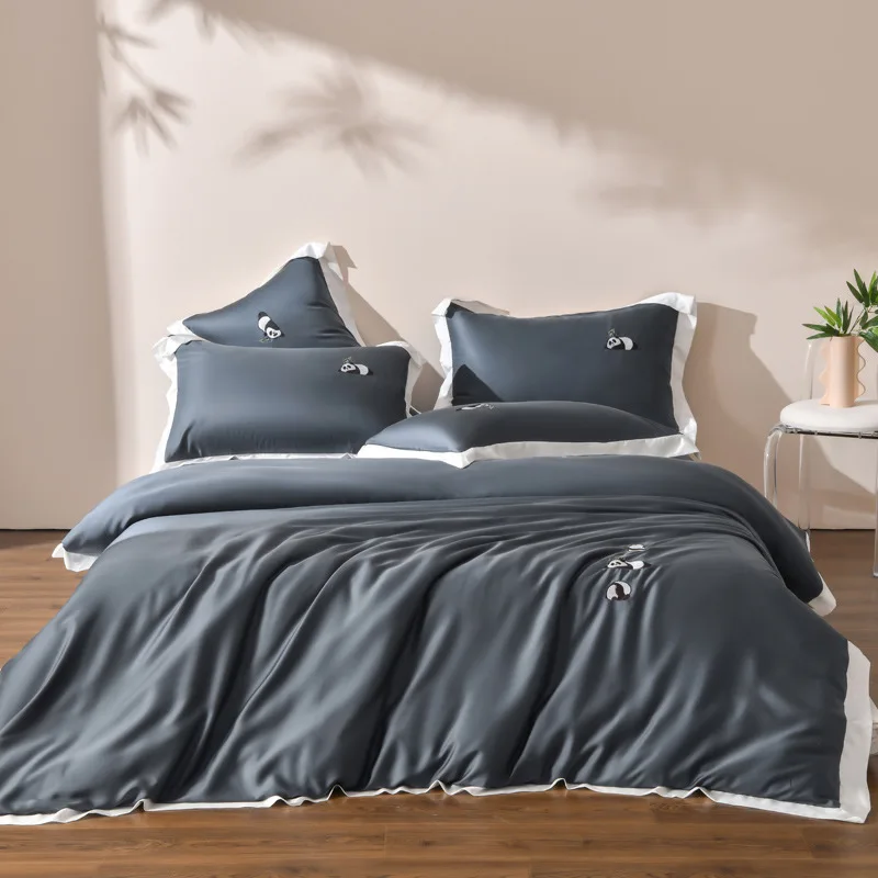 

New Solid Color Class a Lanjing Tencel Embroidery Four-Piece Bedding Ice Silk Quilt Cover