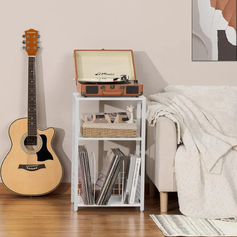 White Side Table,Small End Table with Storage Shelf,3 Tier Industrial Bedside Tables,Vinyl Record Player Stand,Modern Sofa Night