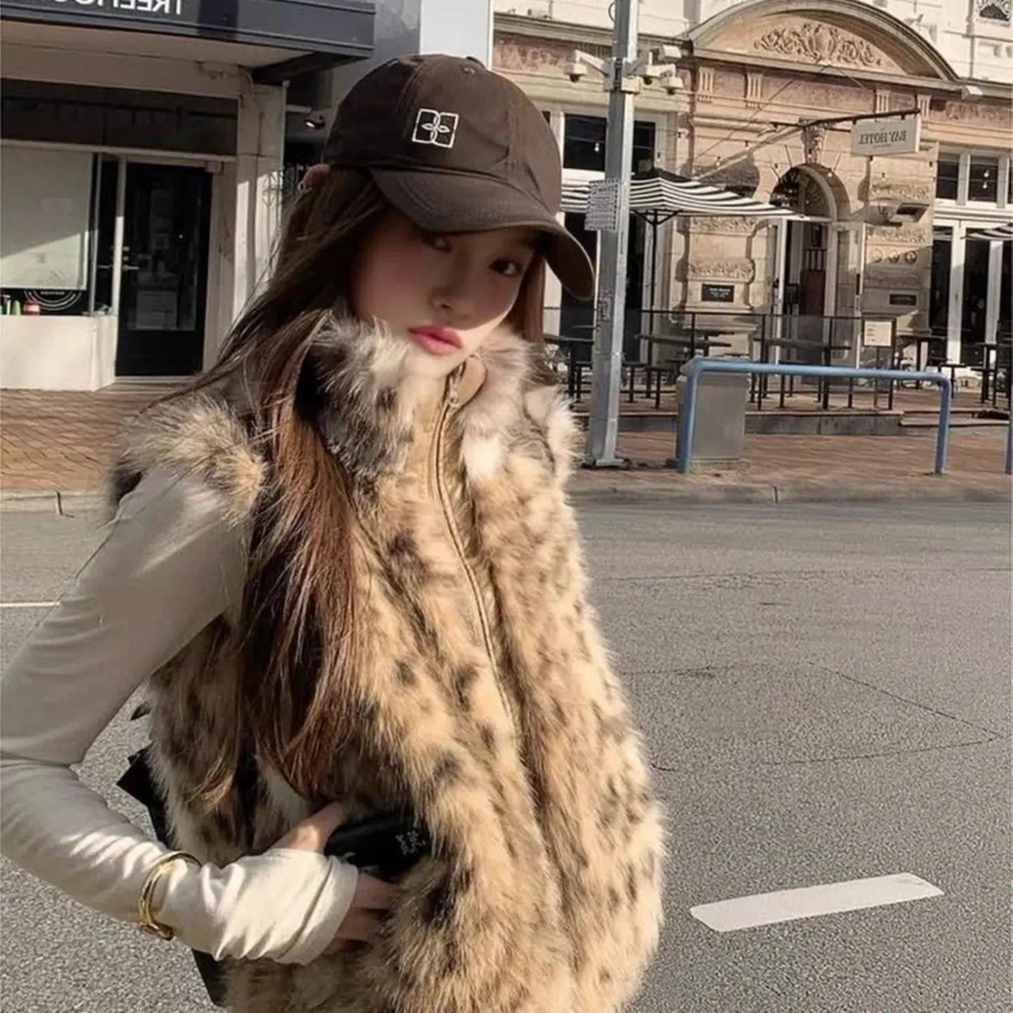 인조 모피 지퍼 재킷 조끼 여성용 데미 시즌 프리미엄 심플 모던 울 텐더 중간 길이 퍼리 빈티지 미니멀리스트 편안함