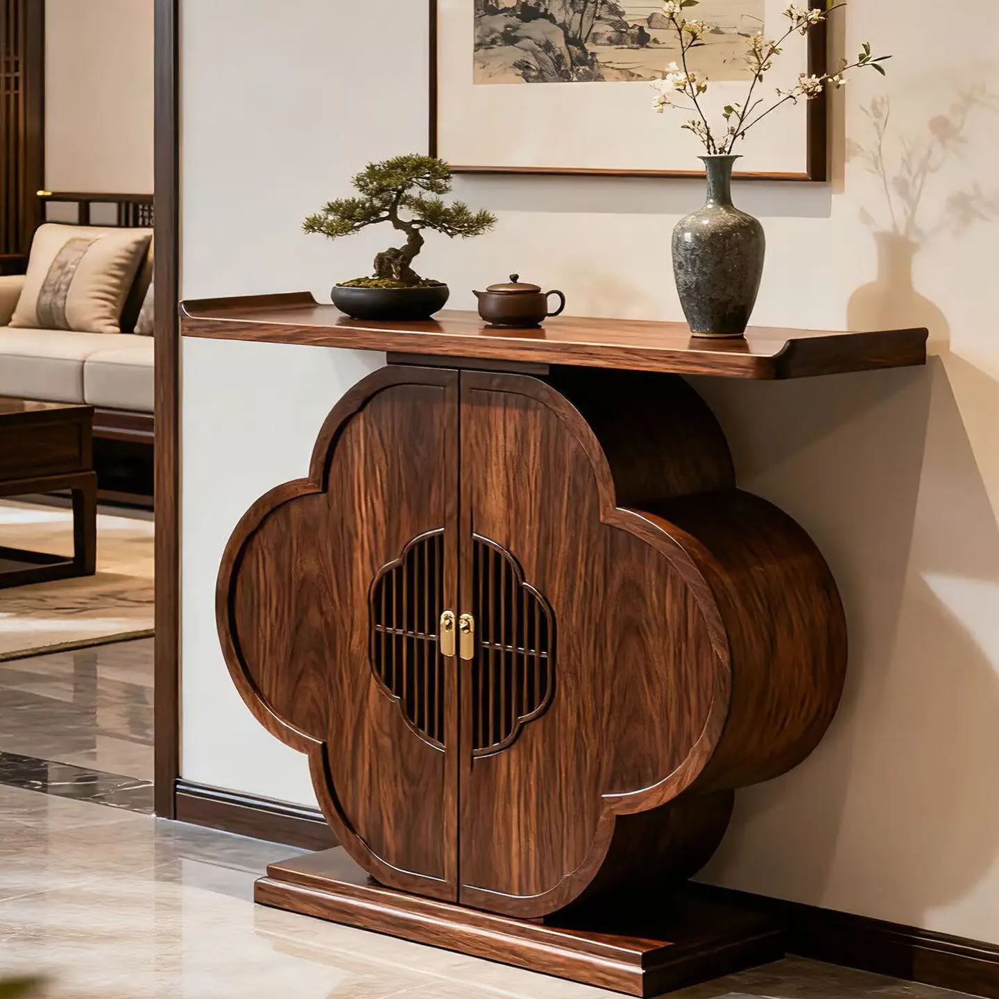 

Cz chinoiserie black walnut petals entrance entrance cabinet upturned entrance table solid wood storage storage foyer cabinet