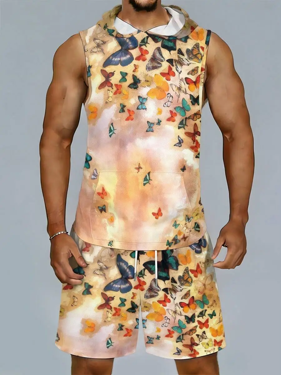 

Mens Sleeveless Hooded Vest And Shorts Set With Gradient Butterfly Print Pocket Drawstring Breathable Quick Dry