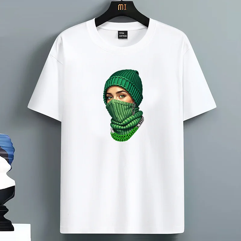 

Fashio For Men's 100%Cotton Summer Casual Loose Masked Woman Print Round Neck Short Sleeved T-shirt Top High Street Unisex Style