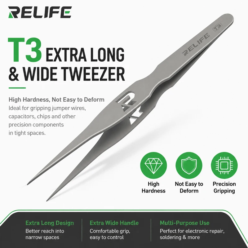 RELIFE T3 Extended and Widened High-Hardness Tweezers for Gripping Jumper Wires and Other Precision Components
