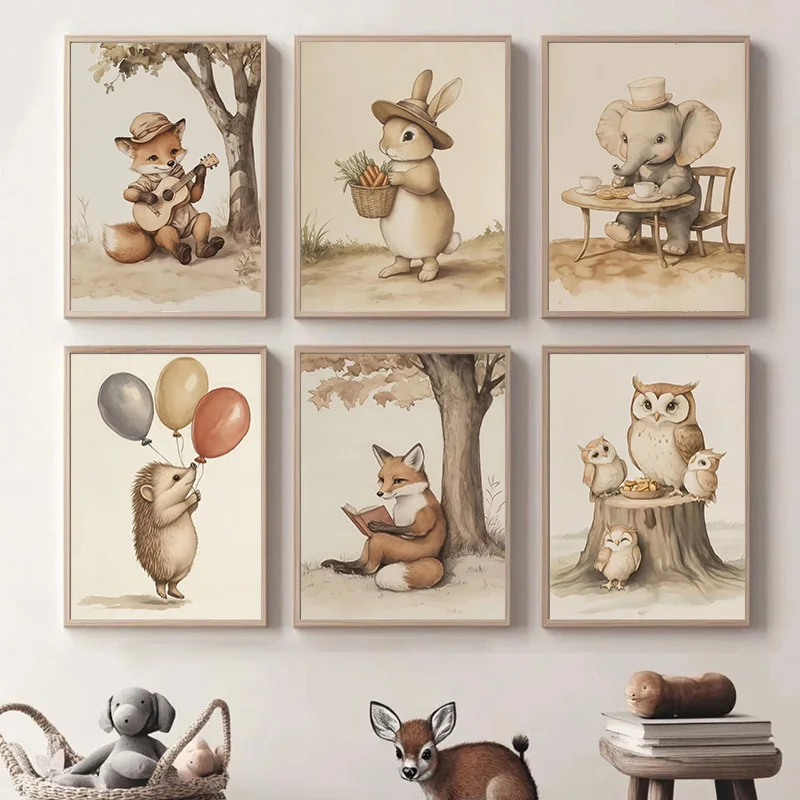 الرجعية الثعلب اللعب الغيتار القراءة البطريق الأرنب الفيل الرقص الملصقات قماش لوحات يطبع جدار الفن ل الحضانة المنزل ديسمبر