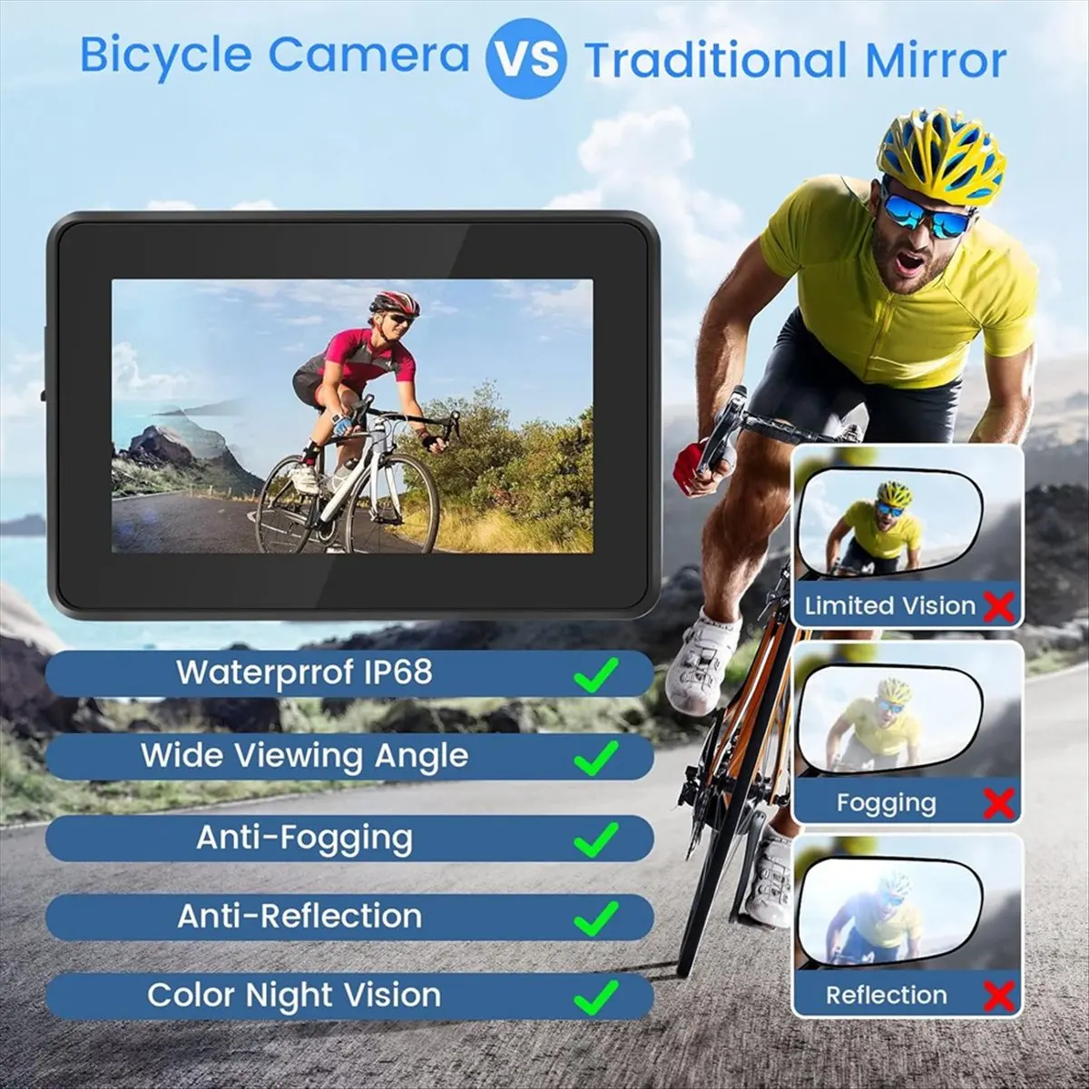 

(ABHW) 1080P Bike Bicycle Mirror,Bicycle Rear View Camera 4.3In Screen Night Vision Handlebar Camera for Bicycle Mountain Bike