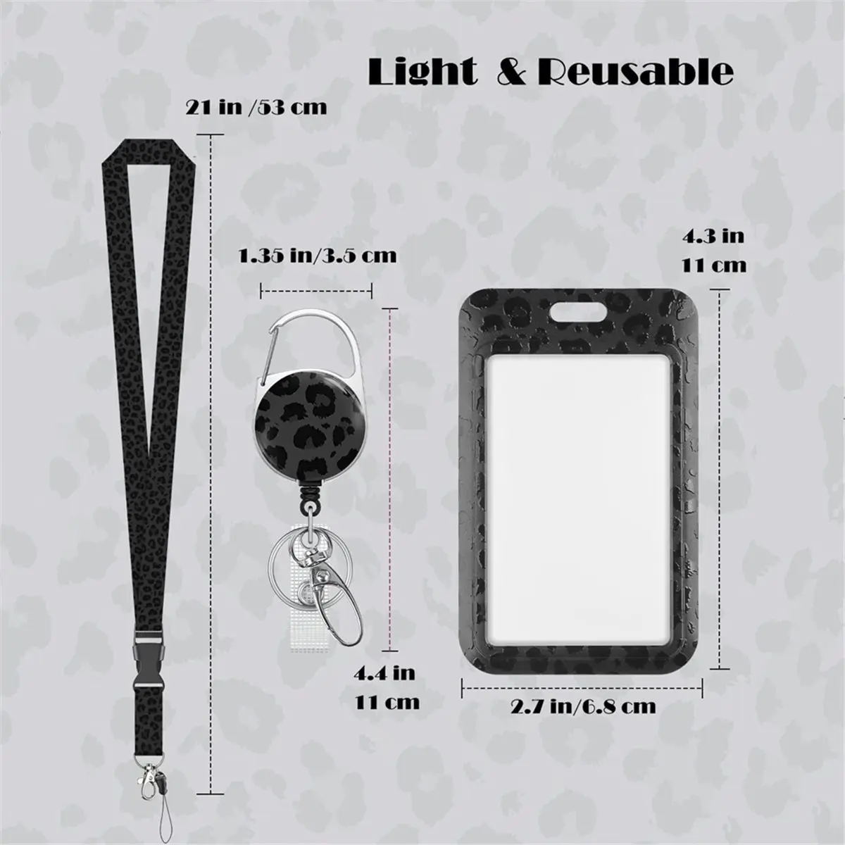 Fashionable Sliding Badge Holder Black Leopard Print with Retractable Carabiner Clip, Detachable Lanyard Strap