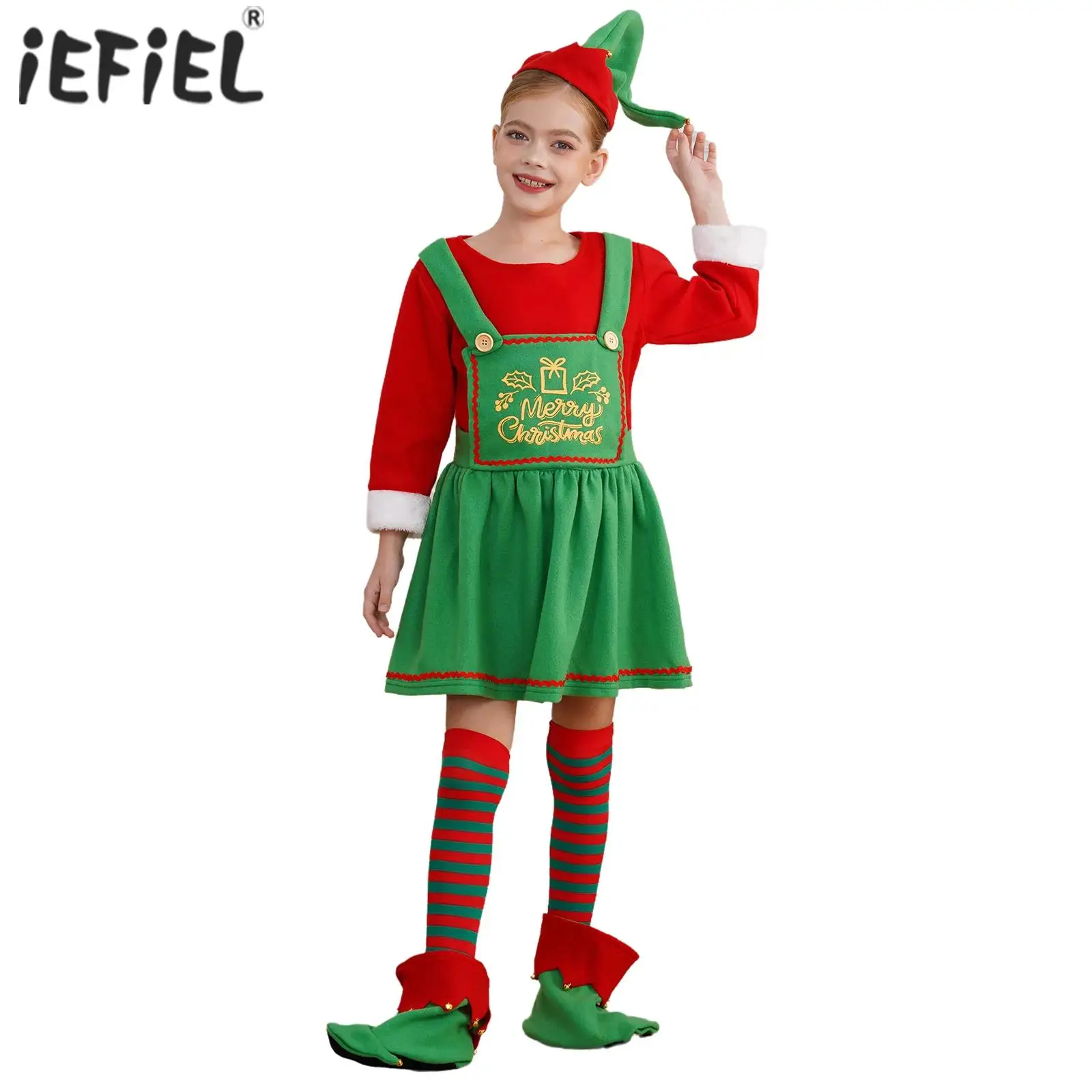 Girls Xmas New Year Elf Cosplay Outfits Sequins Christmas Xmas Elf Santa Clause Costume Hat Shoes And Striped Stockings Set